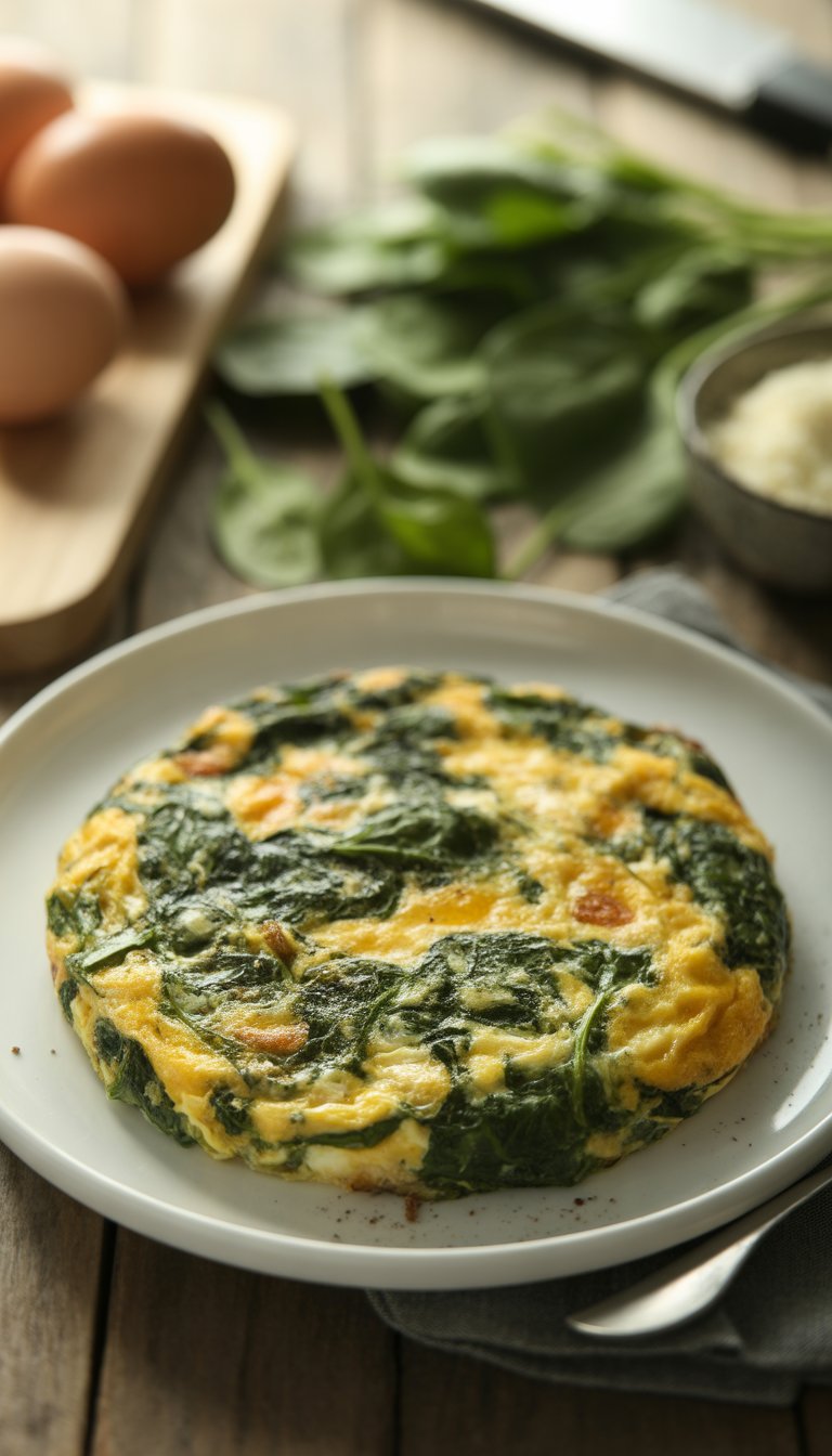 A plate with a golden brown egg and spinach frittata garnished with fresh herbs on a wooden table, with fresh ingredients blurred in the background.