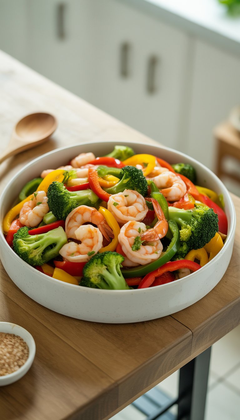 A bowl of shrimp stir-fry with colorful bell peppers and broccoli on a wooden table.