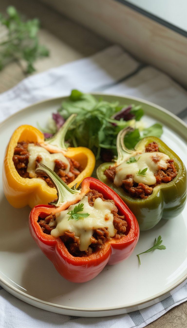 A plate of stuffed bell peppers filled with ground turkey and melted cheese, garnished with parsley and served with a side salad.