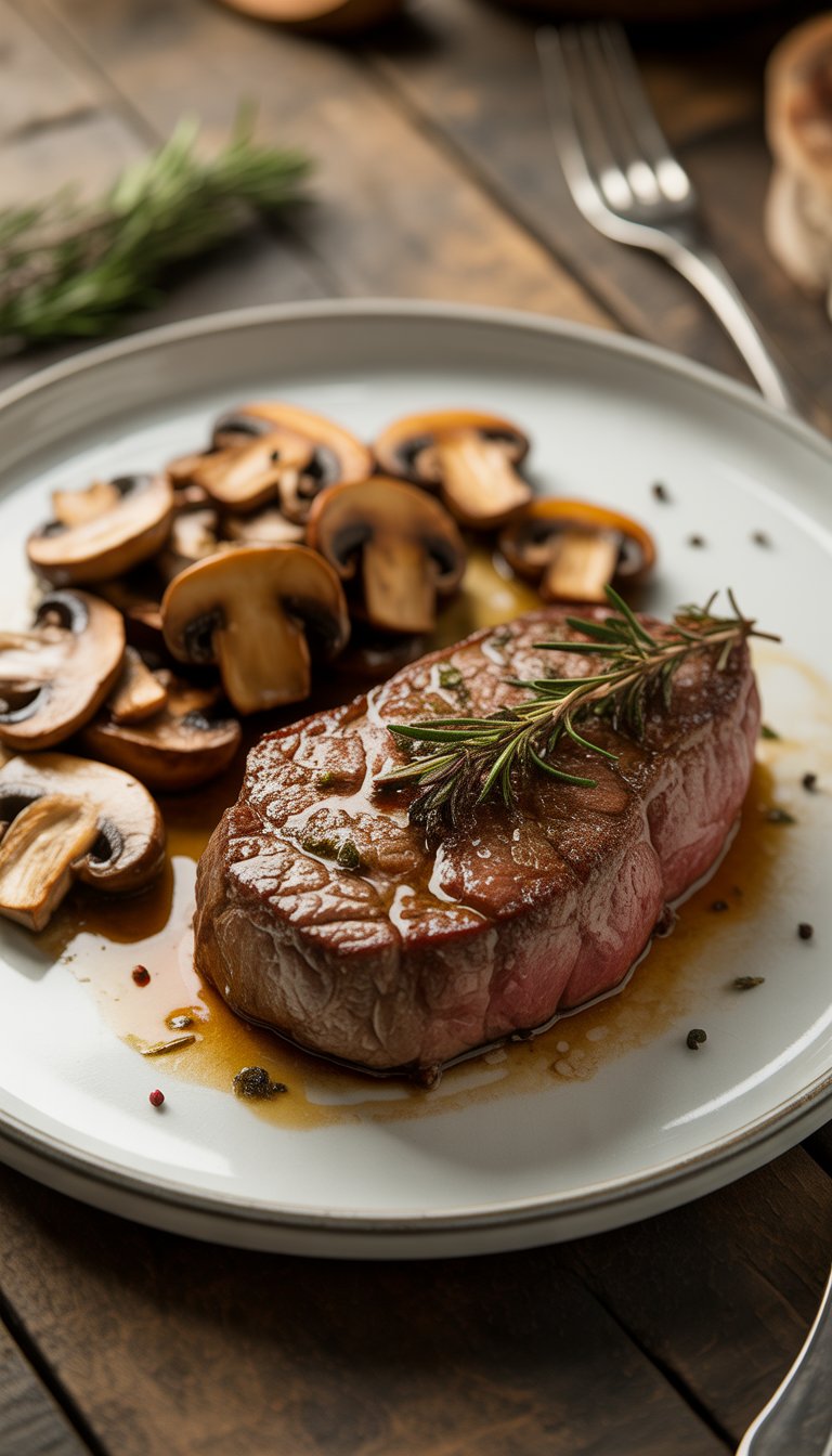 A plate with a seared steak and sautéed mushrooms on a wooden table.