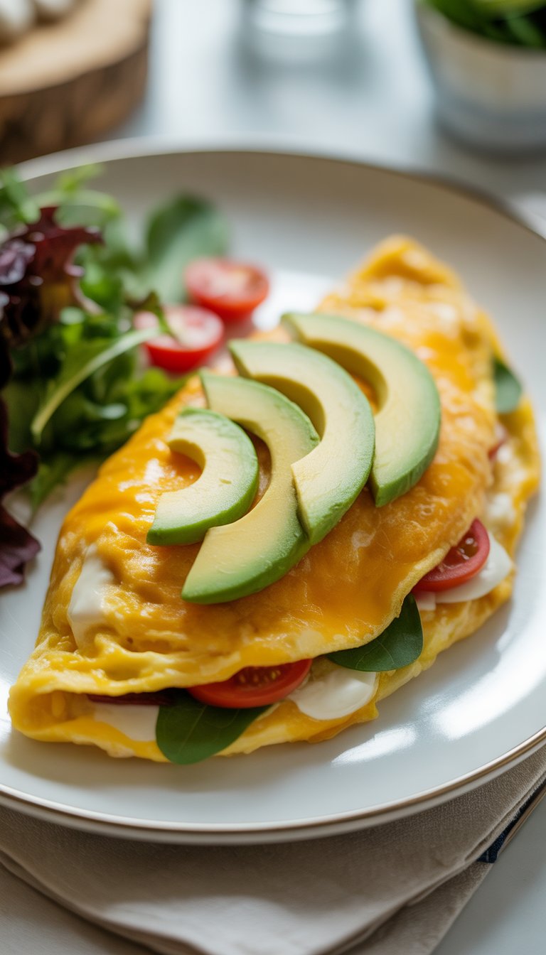 A plate with a cheese and avocado loaded omelette served with mixed greens and cherry tomatoes.