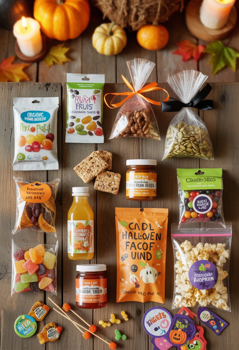 A variety of ten candy alternatives for Halloween arranged on a wooden table with small pumpkins and autumn leaves around.