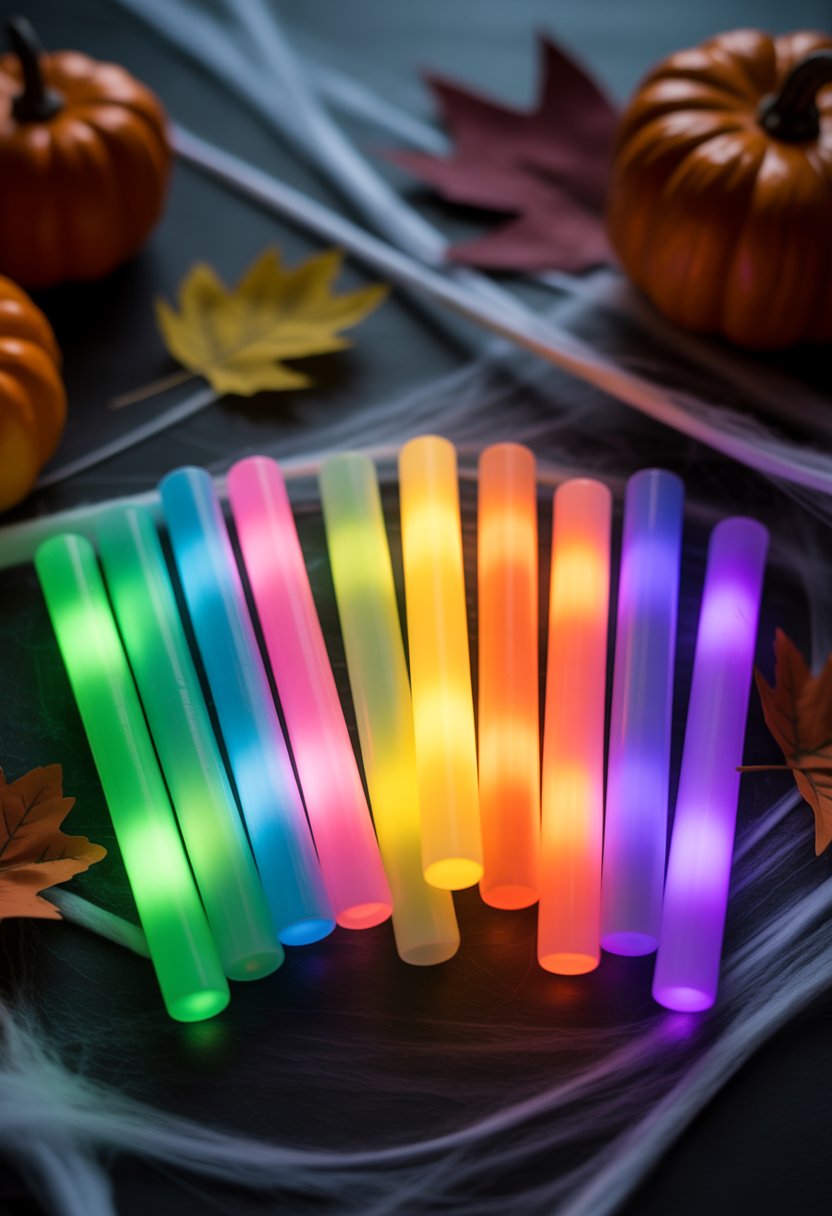 Ten colorful glowing sticks arranged on a dark surface with Halloween decorations in the background.