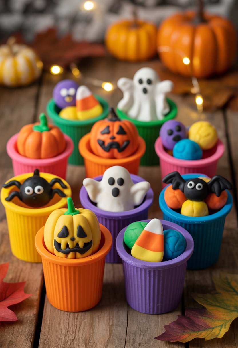Ten small colorful cups filled with Halloween-themed play dough shapes arranged on a wooden table with autumn decorations in the background.