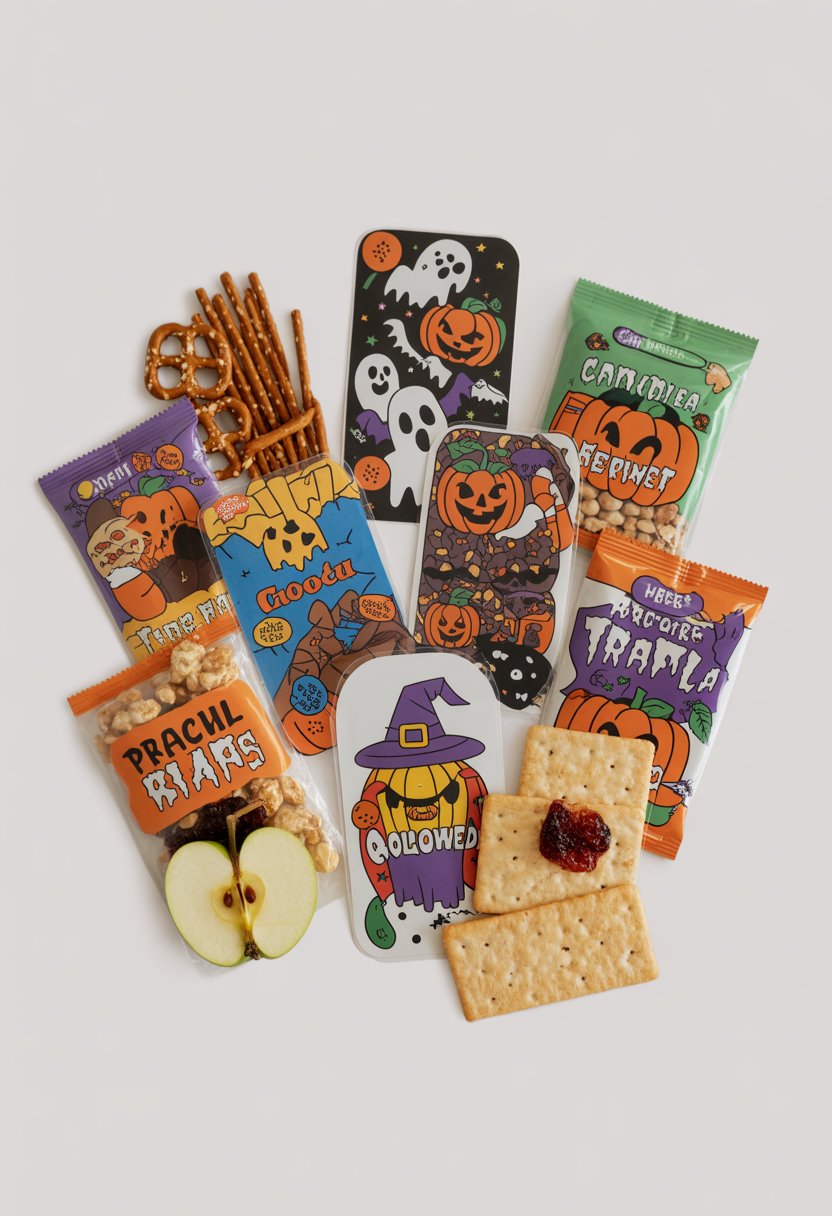 A collection of ten Halloween-themed stickers showing various candy alternatives arranged on a white background.