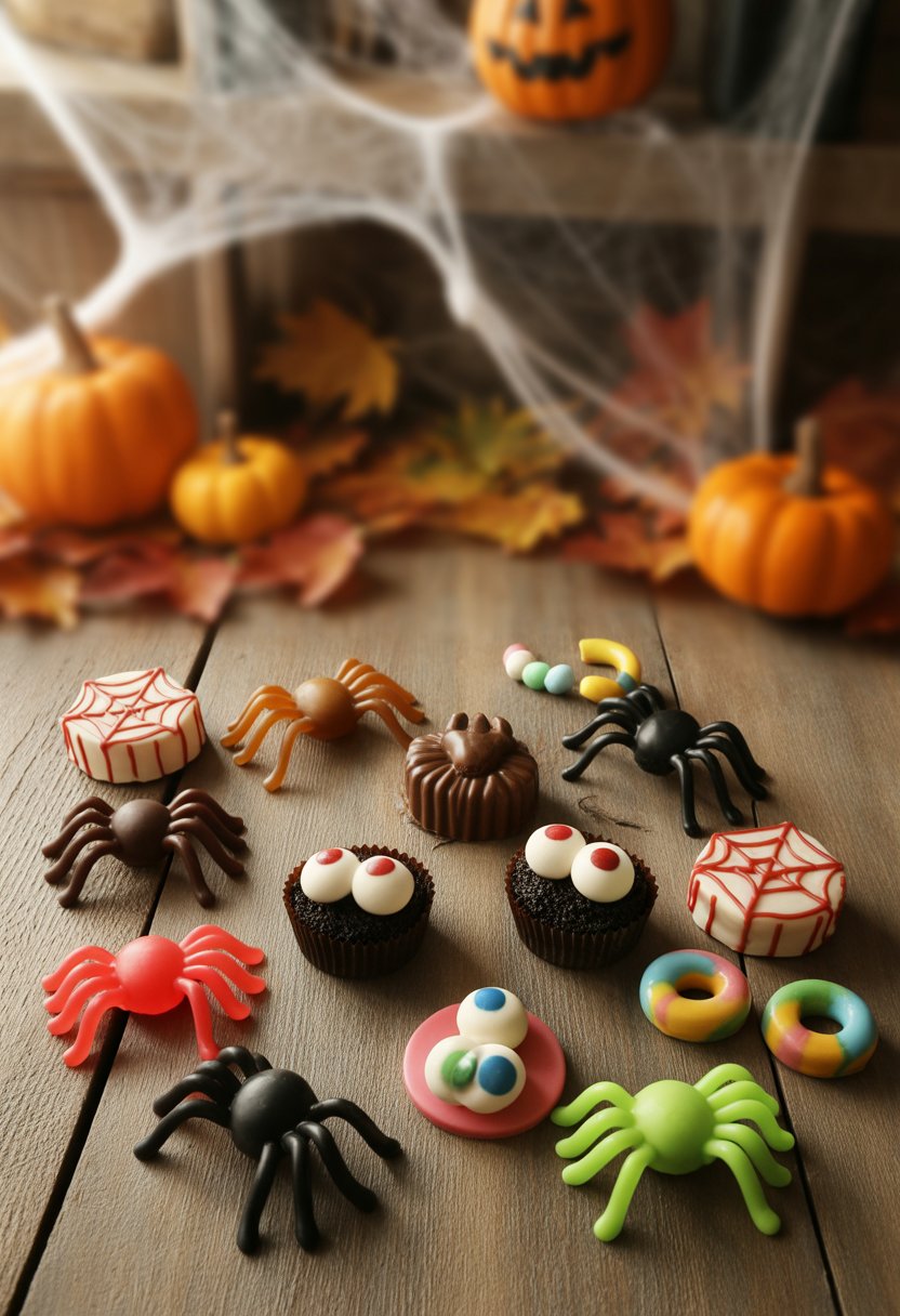 A variety of spider-themed Halloween candies arranged on a wooden table with autumn decorations in the background.