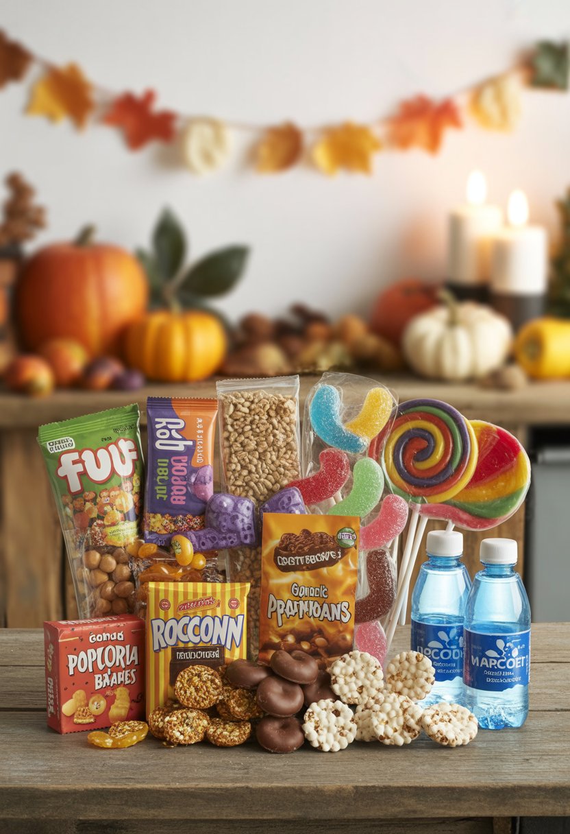 A variety of ten colorful candy alternatives for Halloween arranged on a wooden table with autumn decorations in the background.