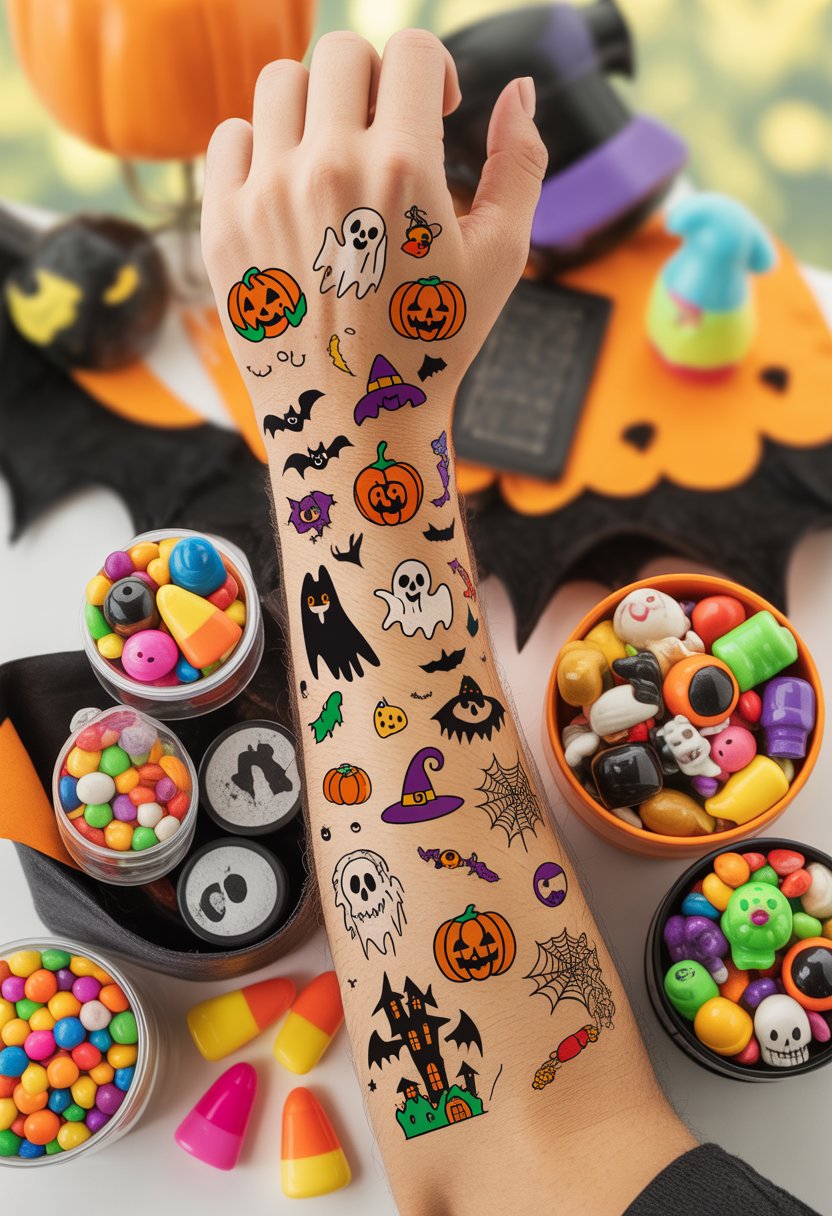 Close-up of an arm decorated with colorful temporary Halloween tattoos surrounded by bowls of non-candy Halloween treats.