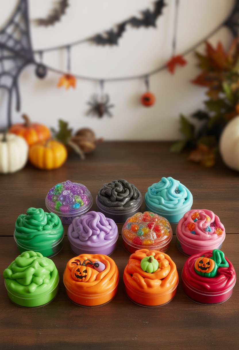 Ten colorful slime putty pieces arranged on a wooden table with small Halloween decorations in the background.