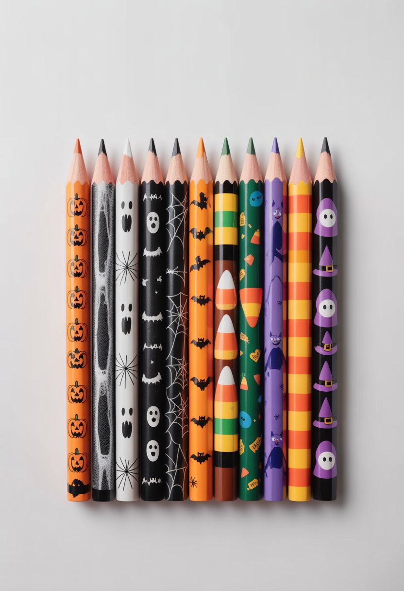 A set of 10 Halloween-themed pencils designed with candy alternative patterns arranged on a white background.