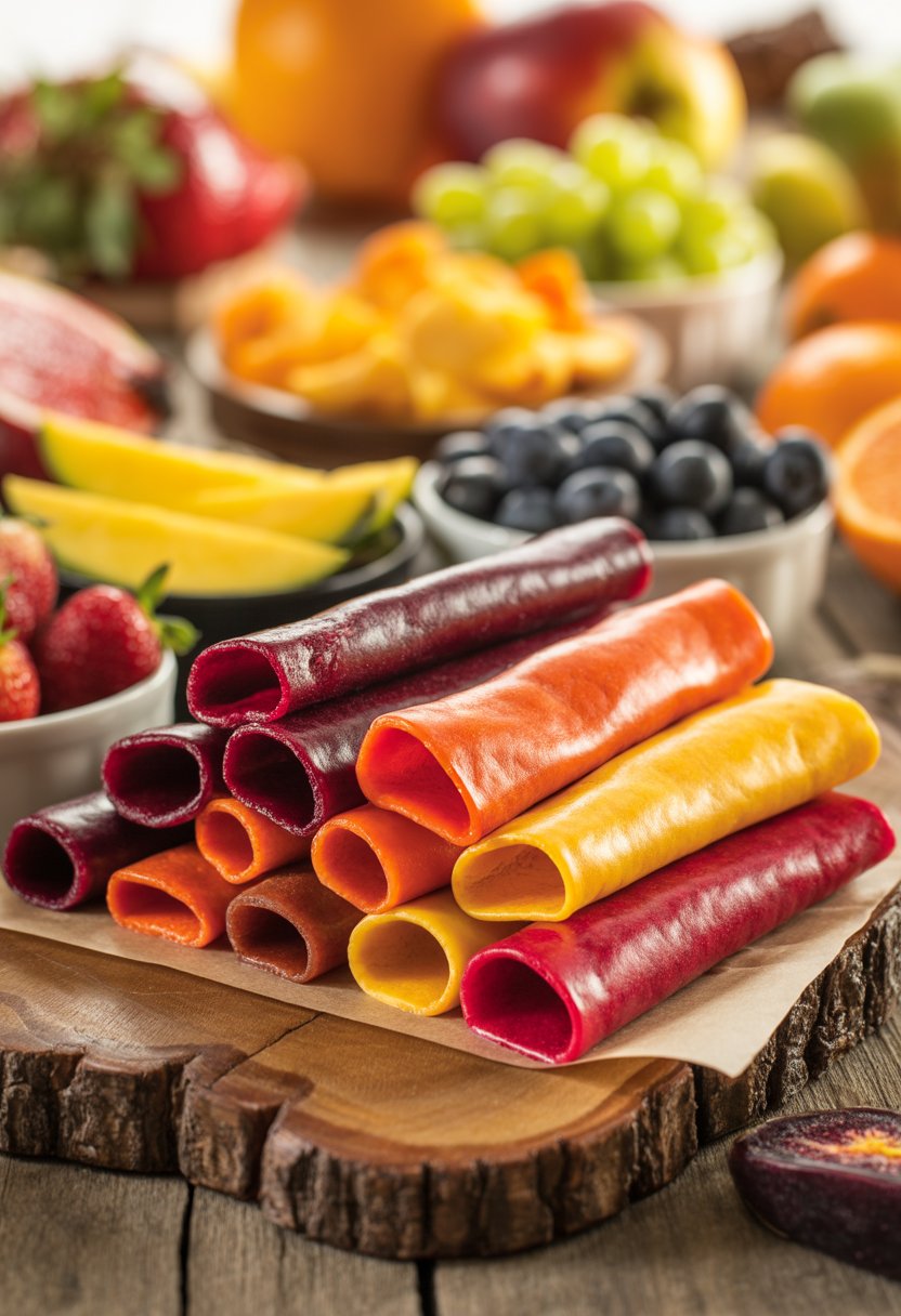 An assortment of colorful fruit leather strips displayed on a wooden table with fresh fruits around them.