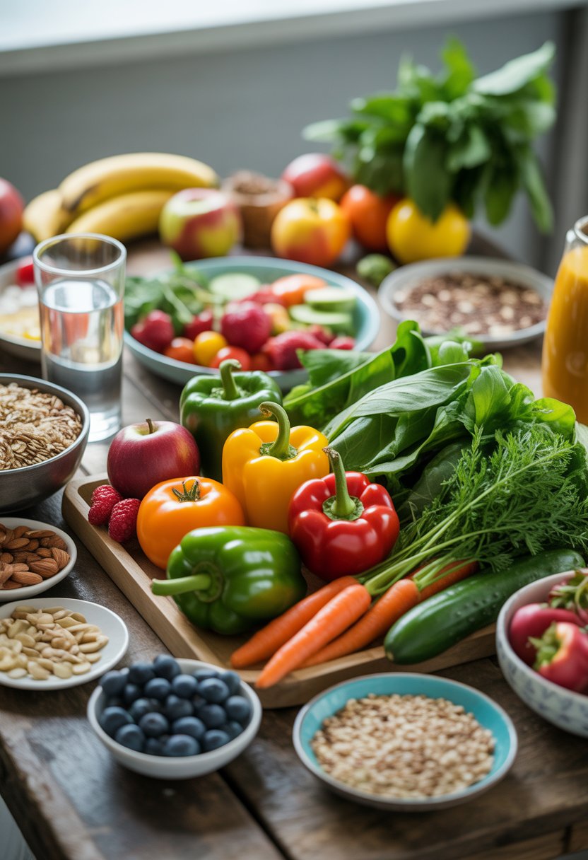 A wooden table filled with fresh vegetables, fruits, whole grains, nuts, and a glass of water representing a healthy real food diet.