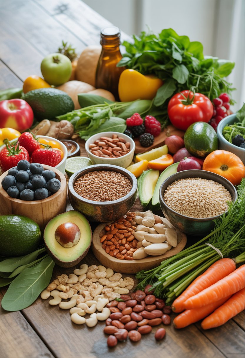 A colorful assortment of fresh fruits, vegetables, whole grains, nuts, and seeds arranged on a wooden table.
