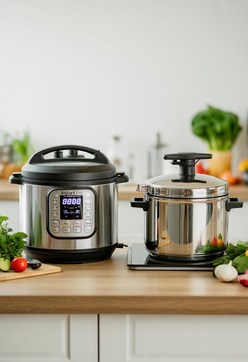 A kitchen countertop with a digital Instant Pot and a traditional stove top pressure cooker side by side, surrounded by fresh vegetables.