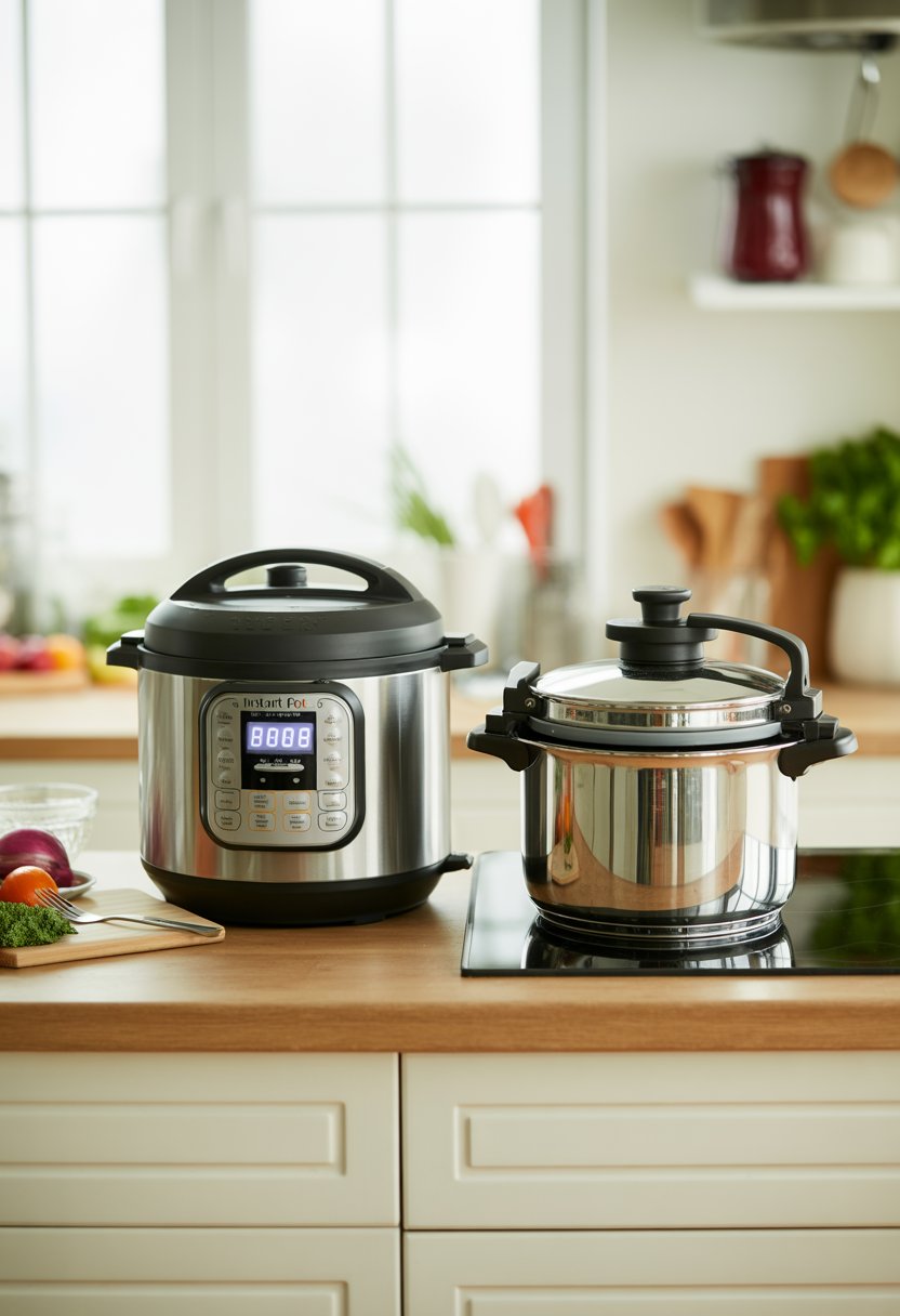 A kitchen countertop displaying an Instant Pot and a stove top pressure cooker side by side with fresh vegetables and kitchen utensils nearby.