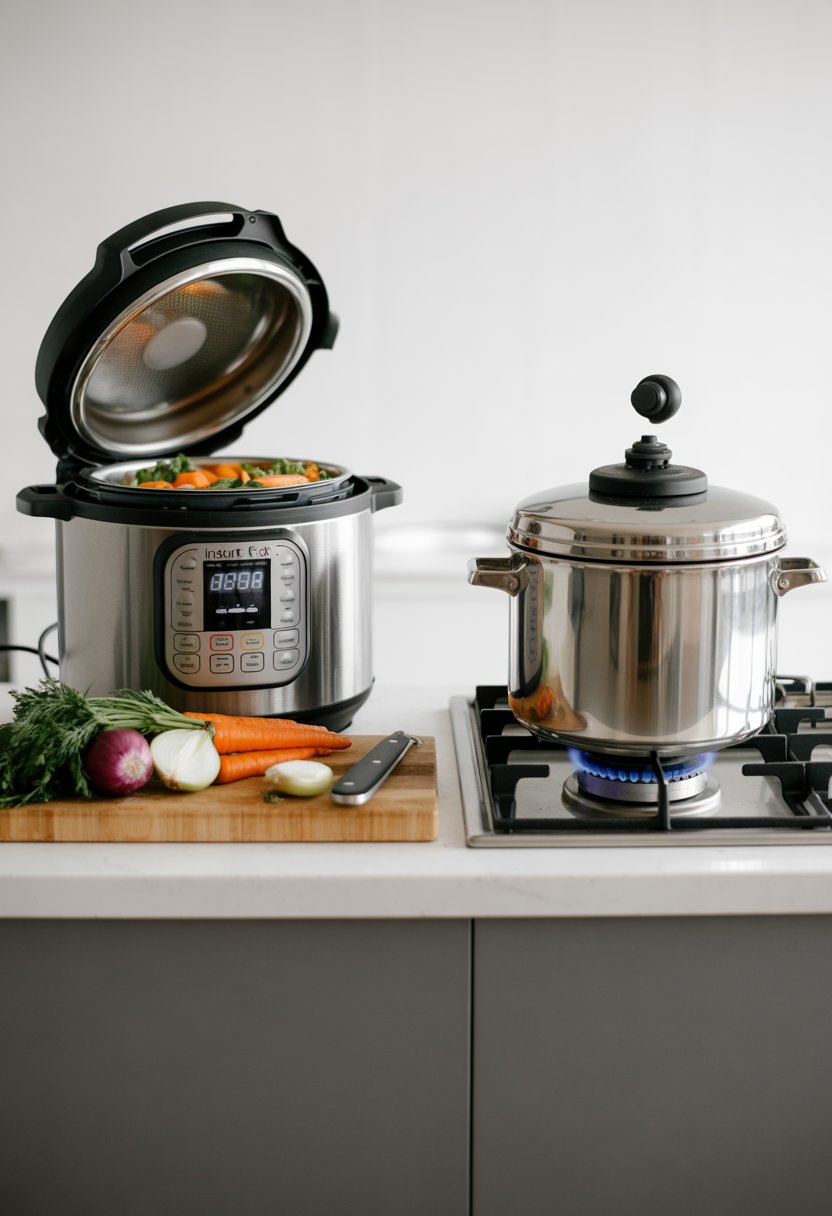 A kitchen countertop with an Instant Pot and a stove top pressure cooker side by side, fresh vegetables on a cutting board between them.