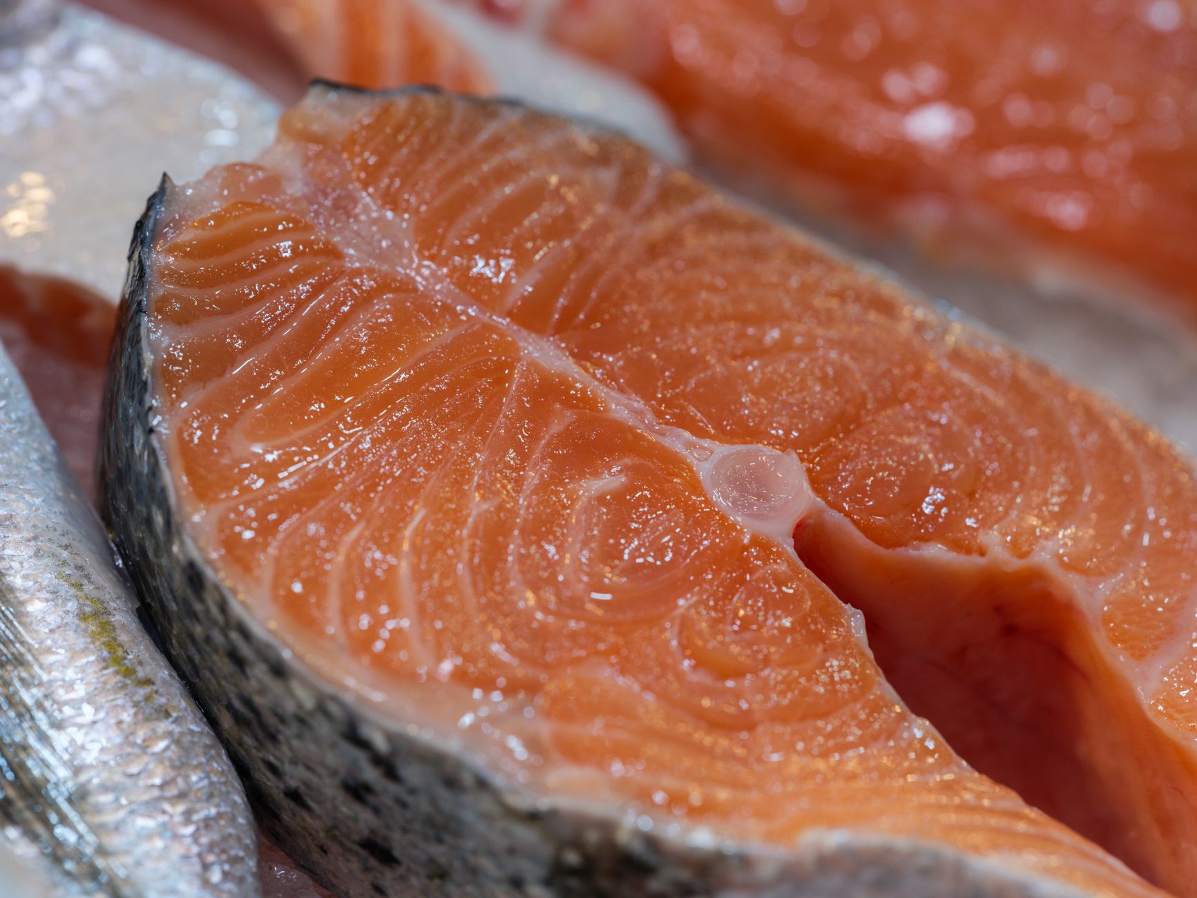 close up of fresh salmon slice at market
