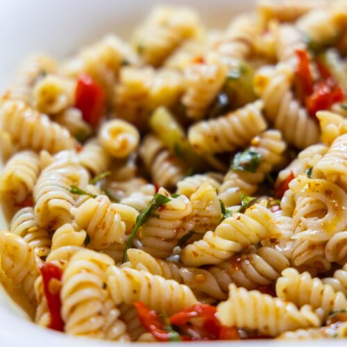 pasta dish on white ceramic bowl