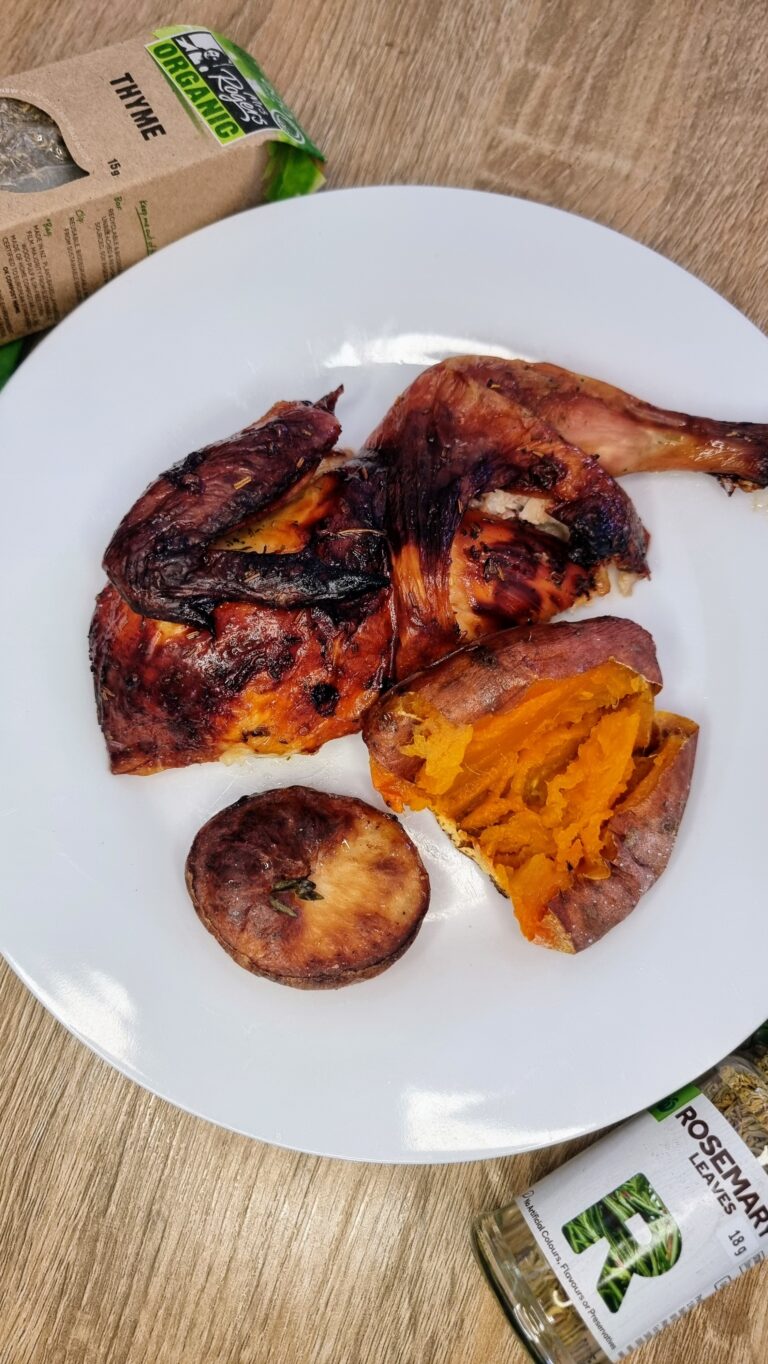 One-Pan Honey Rosemary Butterflied Chicken & Sweet Potatoes
